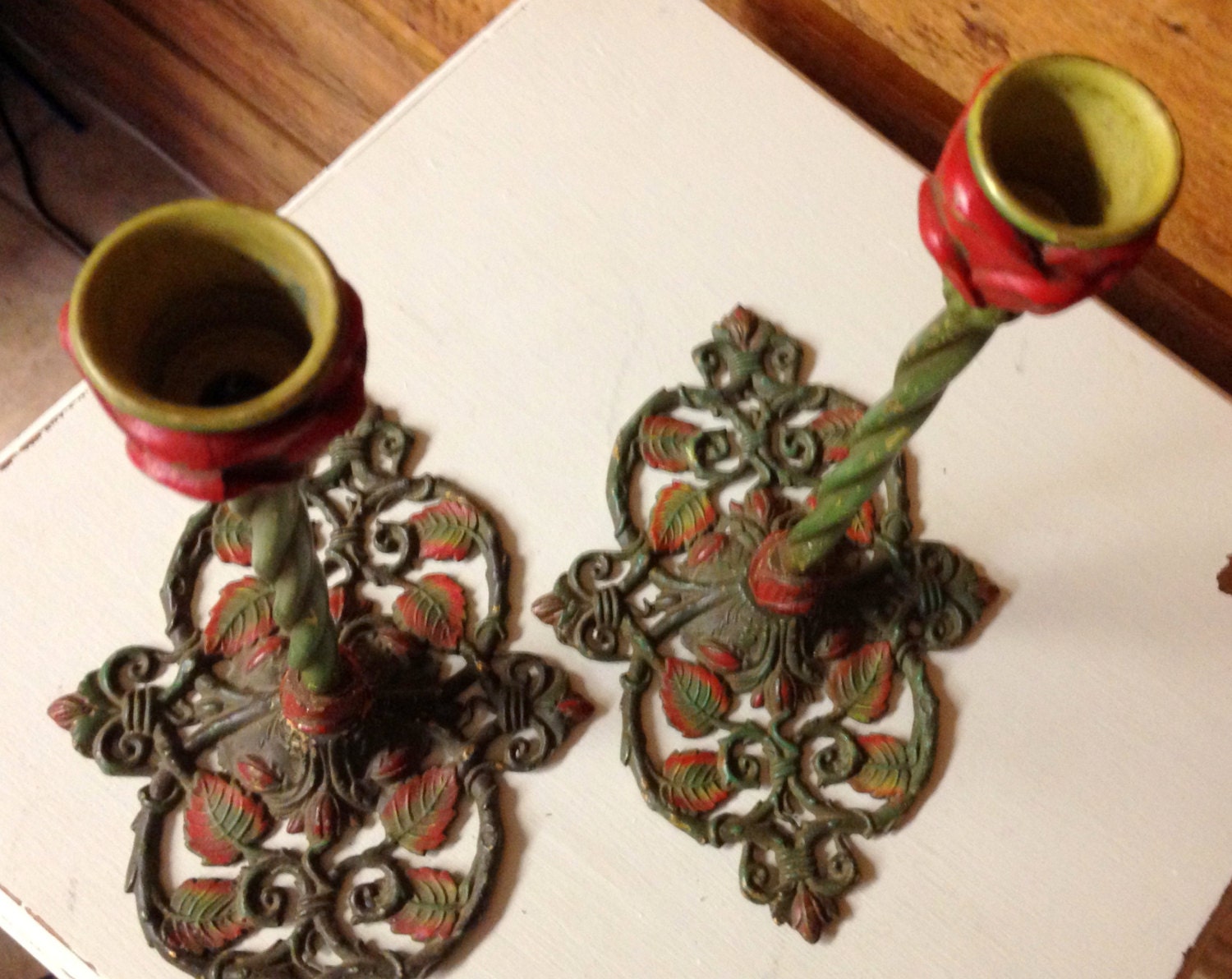 Antique Painted Brass Candlesticks Red Roses