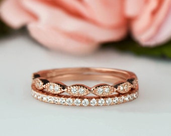 Art Deco Wedding Band and Half Eternity Band Set, Thin 1.5mm Engagement Ring, Man Made Diamond Simulants, Sterling Silver, Rose Gold Plated
