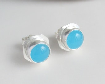 Aqua colour chalcedony 8mm round cabochon handmade designer framed style sterling silver stud earrings