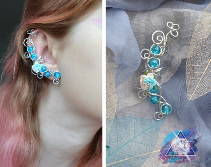 Flower ear cuff | wire earcuff, summer jewelry, bright color jewelry, blue roses, quasarshop