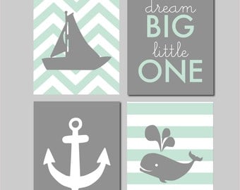 50% Off Mint Nursery Decor Nautical Nursery Gray and Mint Nursery Nautical Wall Art Nursery Art Dream Big Little One INSTANT DOWNLOAD 8"x10"
