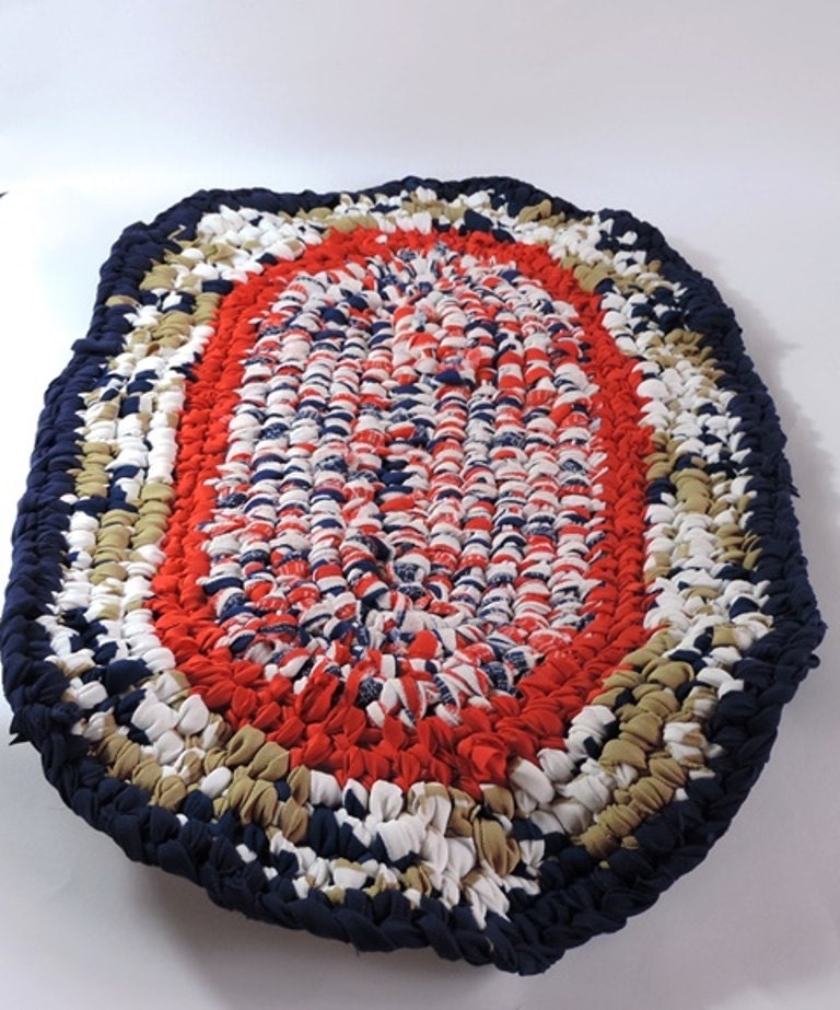 Amish Handmade Amish Knot Rug in ORANGE BLUE TAN