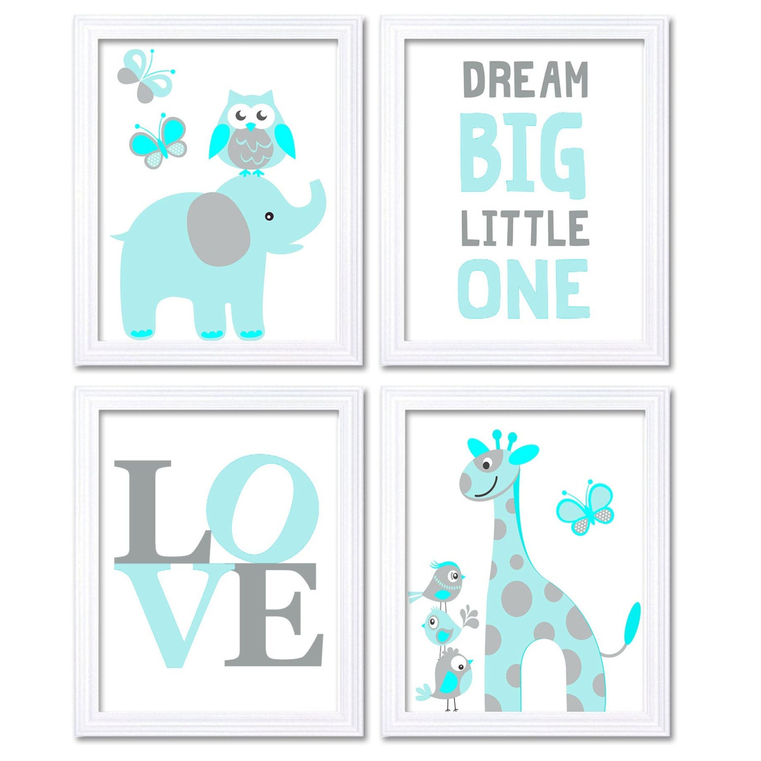 Blue Turquoise Aqua Elephant Giraffe Owl Nursery Art Dream Big Little One LOVE Set of 4 Prints Child