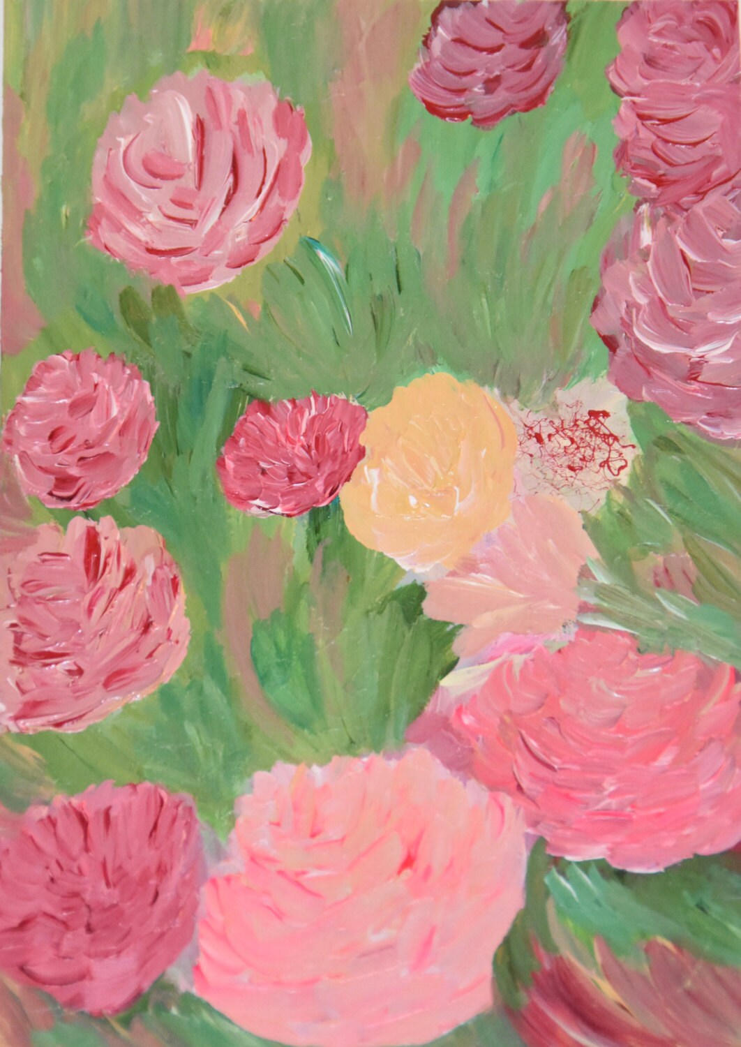 Original Small Floral Acrylic Painting Green Pink Spring
