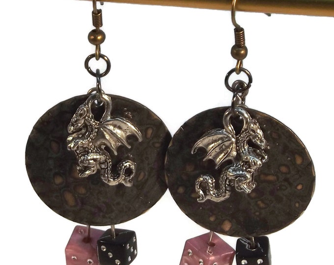 Hand Painted Black & Purple Dragon Scale and Dice Dangle Earrings, Nickle Free Ear Wires, Hypo Allergenic