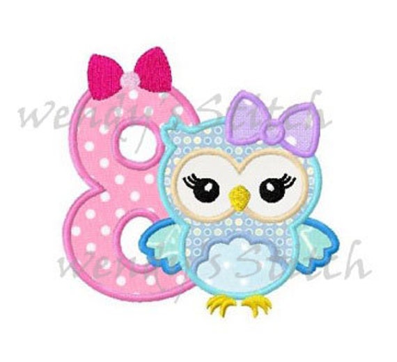 girly owl birthday applique number 8 machine embroidery design