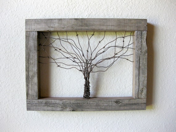 Large Reclaimed Large Barn Wood and Barbed Wire Tree Wall Art