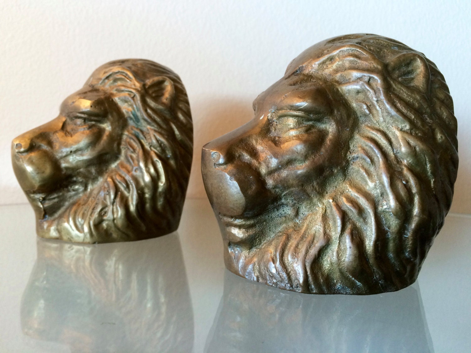 RESERVED for NAT Vintage Brass Lion Head Bookends Mid Century
