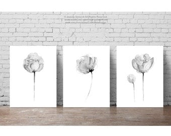 Peony Grey Flower Abstract Floral Wall Decor, Three Flowers Nursery Kids Room Art Print, Black White Minimalist Modern Illustration set 3