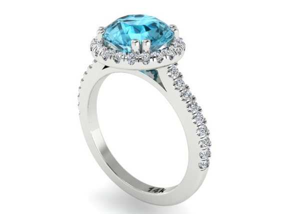 Blue Zircon Diamond Halo Engagement Ring Big Blue Zircon