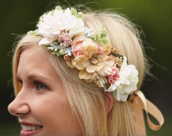 Blush, Ivory & Gold Bridal Flower Crown - Flower Girl Crown - Photo Prop - Bridal Flower Halo - Blush Hair Wreath -Pink Wedding Flower Crown