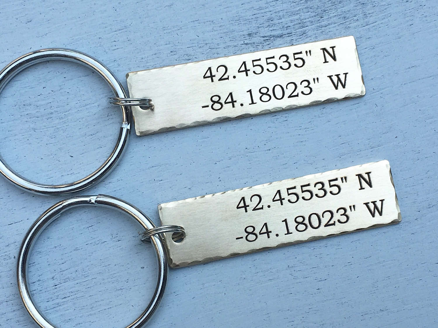 Sale Price Boyfriend Gift - Set of Two ~ Couples keychains ~ USA made Custom Hand Stamped Keychain | Anniversary Gold Latitude & Longitude
