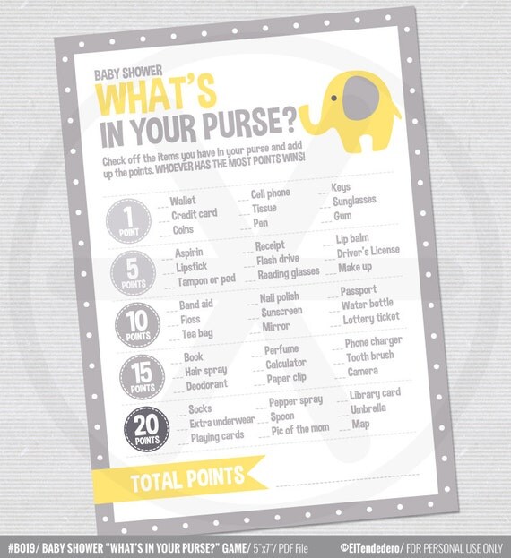 Baby shower What's in your purse game with yellow by eltendedero