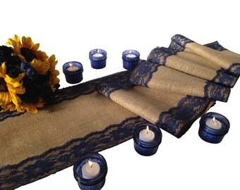 Burlap and NAVY/DARK BLUE Lace Table Runner - Rustic Wedding Table Runner - 12" Width; Lace on Edges - Country Home Decor, Farmhouse Decor