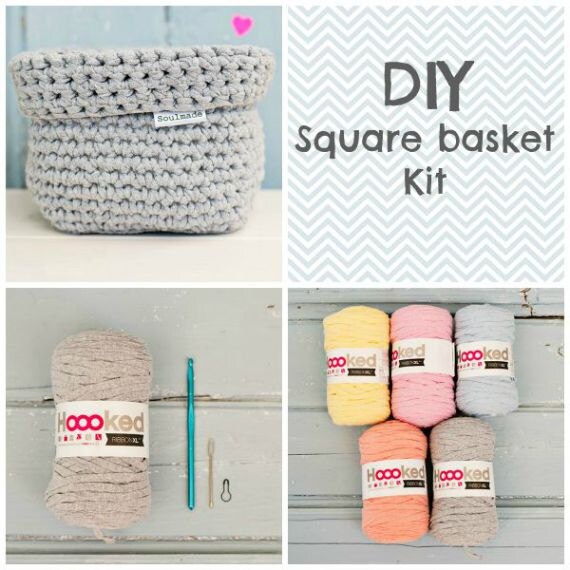 DIY Square crochet basket kit with free pattern.