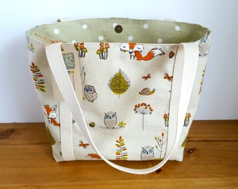 Tote bag, Woodland Purse, Canvas beach bag, Lined shopping bag, Fox gift for women, Sage fox and owl bag, Medium size animal bag