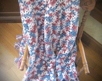 Crochet Afghan, Crochet Blanket, Crochet Afghan, Multi Rose Pink Blue and Soft White Afghan, Home Decor, Bedroom Decor