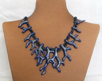 Glazed Fake Blue Coral Necklace - Ploymer Clay Jewelry - Polymer Clay and Beads Necklace