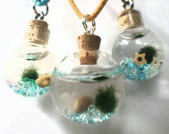 Living, growing Marimo Necklace with marimo moss ball, Living eco-system necklace, Marimo Aquarium necklace, Marimo Terrarium Necklace