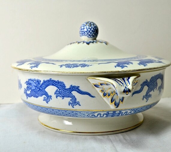 Cauldon England Serving Bowl with Lid Vegetable Dish in Blue