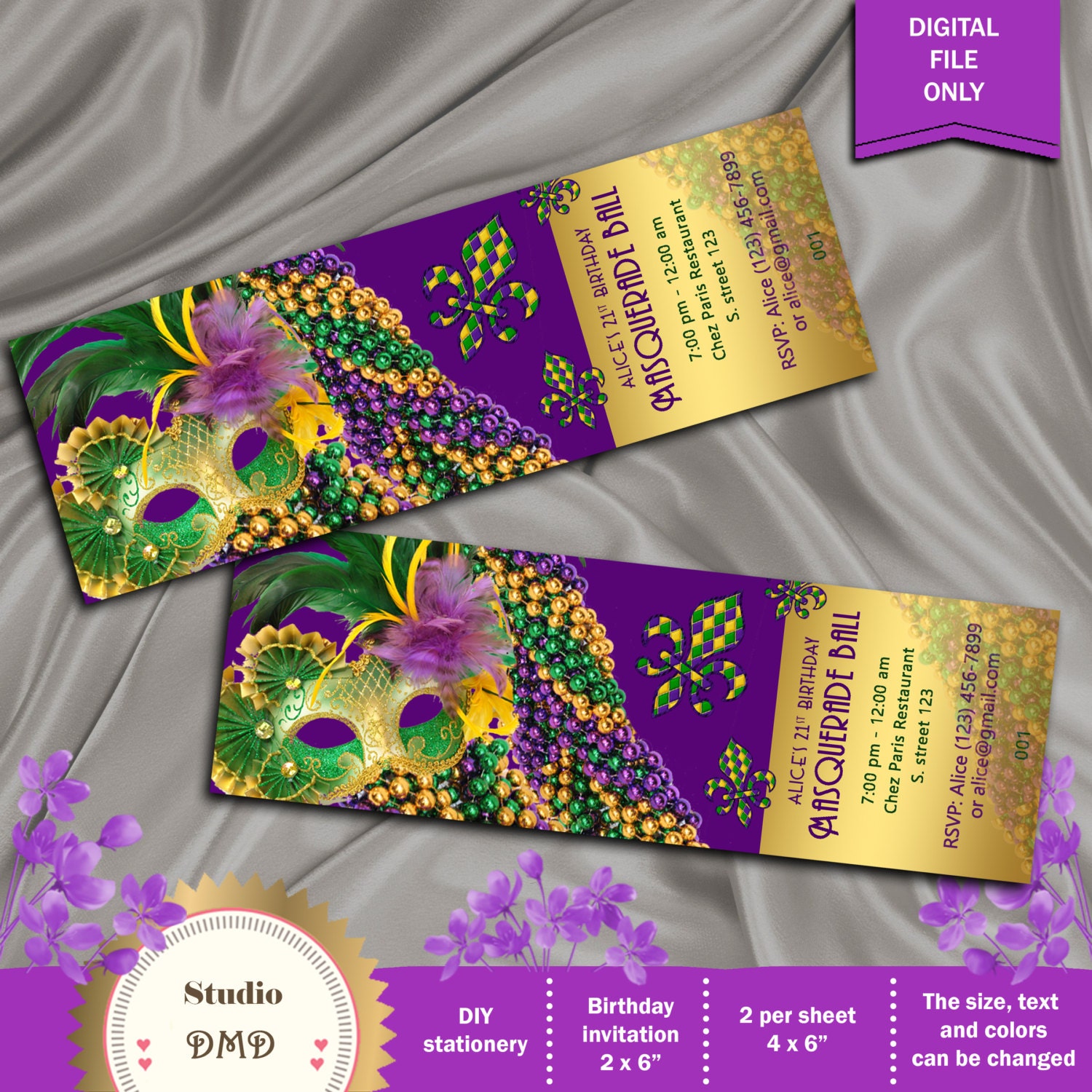 Masquerade Ball Birthday Party Invitation Mardi Gras Party