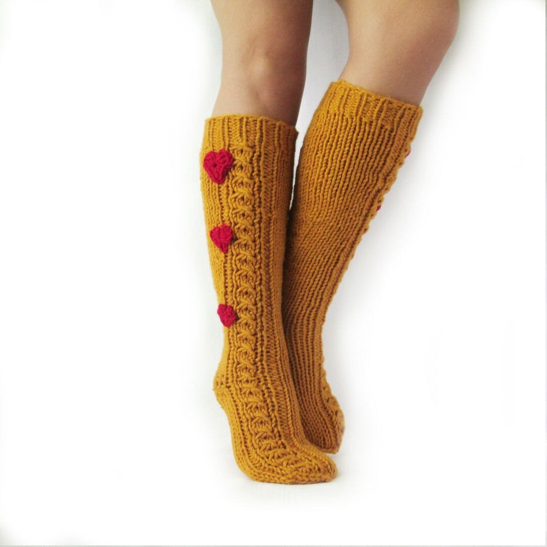 Mustard color socks Socks with hearts. Knit wool by