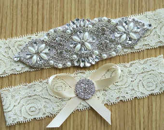 lace garter style ,Ivory Garter sets, Wedding garter ,Bridal garter sets, hair bow,with Pearl Crystal Rhinestone,vintage lace WD34