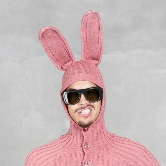 PINK BUNNY Suit for Men and Women - Blamo Hand Knit Pajamas with Pockets  - Adult Pink Rabbit One Piece Long Johns - Easter Bunny Suit