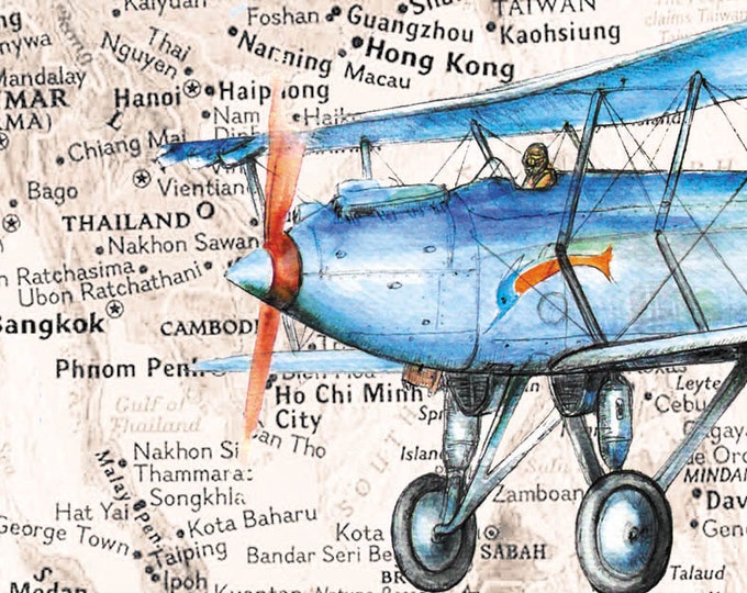 Military airplane print Indonesia Australia map Vintage airplane Prop driven aircraft Transportation artwork Boy's nursery wall decor