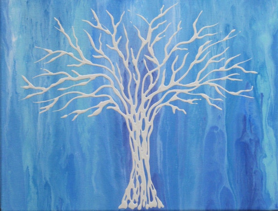Árbol pintura Original árbol, árbol abstracto, silueta de árbol, árbol blanco arte, pintura de líquido azul, 11 x 14 cuadro de árbol de luz