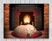 Printable Dog Christmas Card, Pawlicious Christmas, A2, pet laying in front of stone fireplace, rustic brick, stockings hanging from mantle
