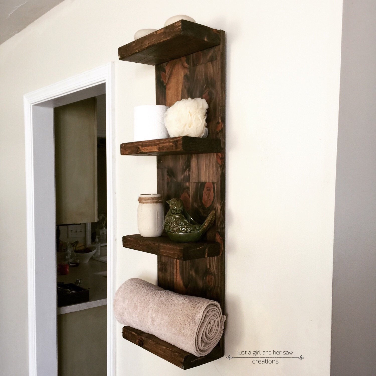 Reclaimed wood versatile bathroom shelf