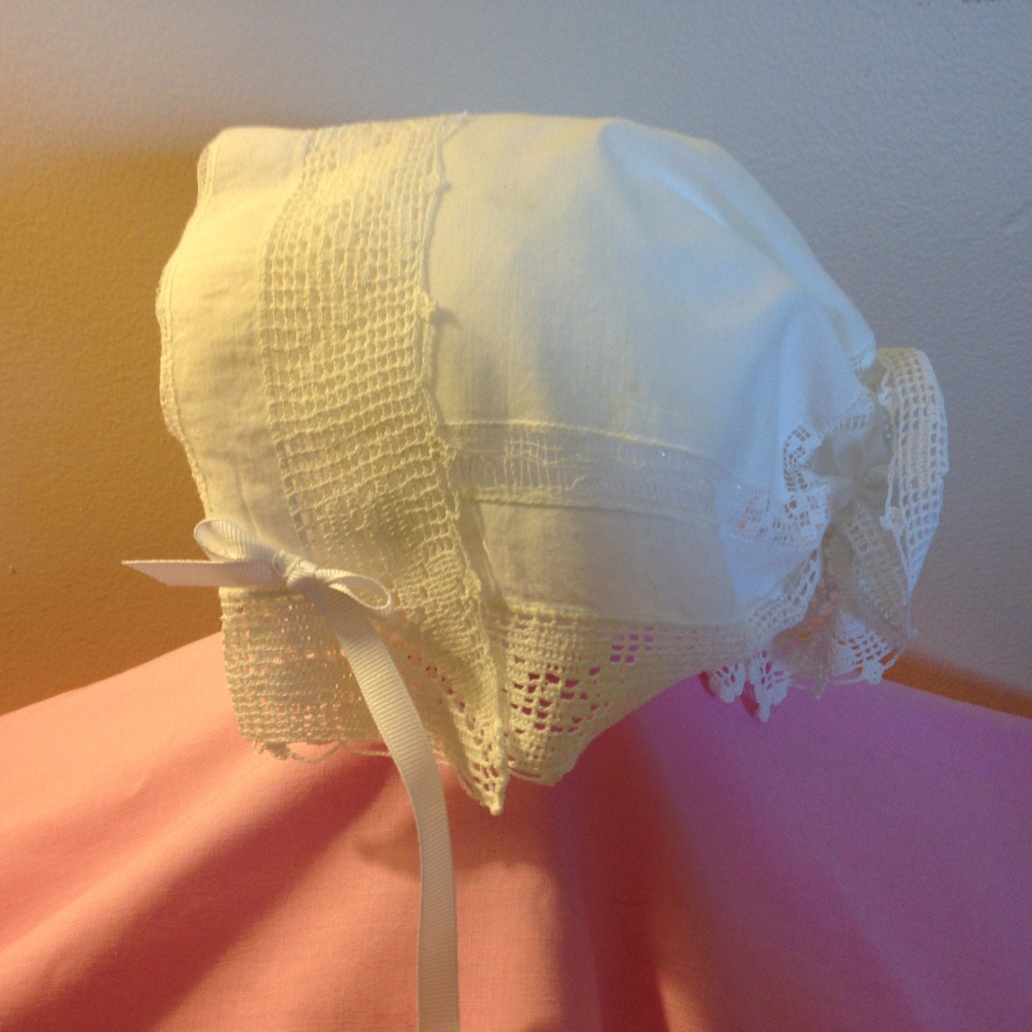 Newborn baby hat made from vintage handkerchief 3-6 mo size