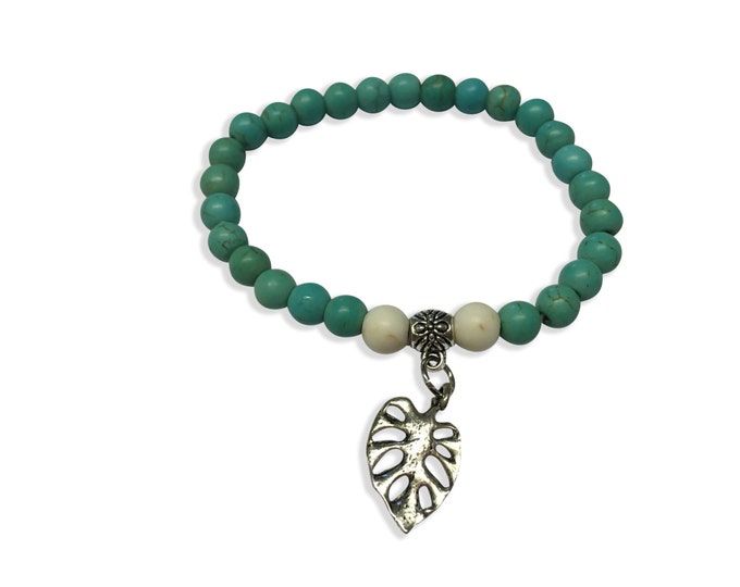 Turquoise Bracelet, Leaf Bracelet, Turquoise Cuff Bracelet with Leaf, White Beads