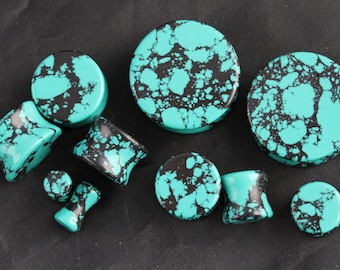 Stretching Howlite Plugs - Black and Teal Ear Plugs - one pair - Ear Plug carved from howlite - stone plugs 5mm - 25mm - PB05