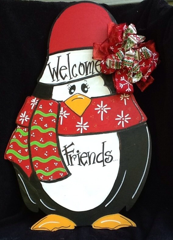 Penguin door hanger, christmas door hanger, penguin sign, penguin door sign, christmas sign, welcome friends sign, Santa sign, snowman sign