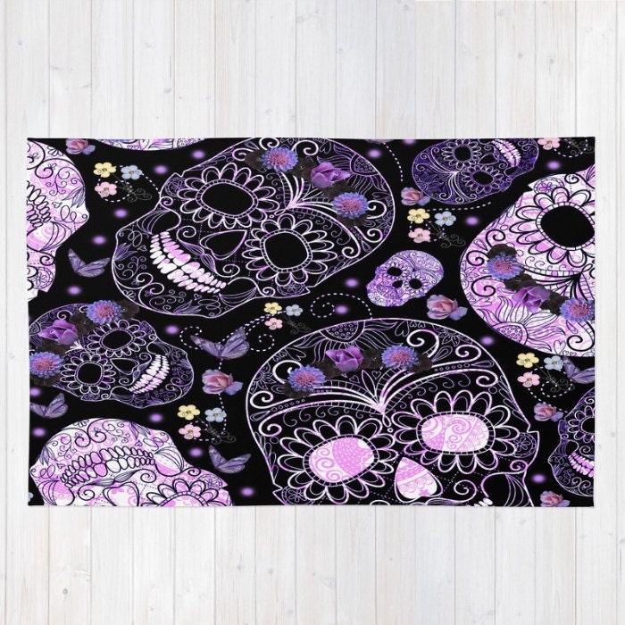 Black and Purple Sugar Skull Area Rugs or Throw Rug Woven
