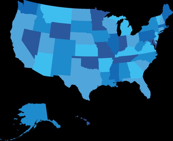 USA map color-coded separate states properly named