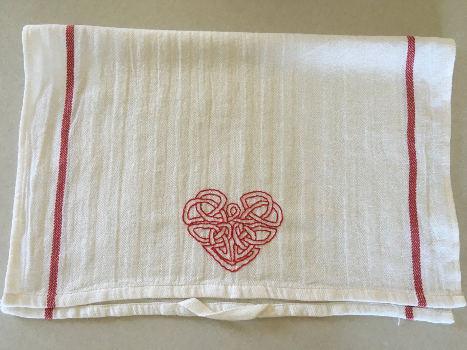 Flour Sack Dish Towel handembroidered Celtic Knot Heart
