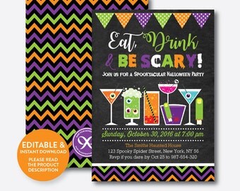 Instant Download, Editable Halloween Invitation, Eat Drink And Be Scary Invitation, Halloween Party Invitation, Chalkboard (CHI.13)