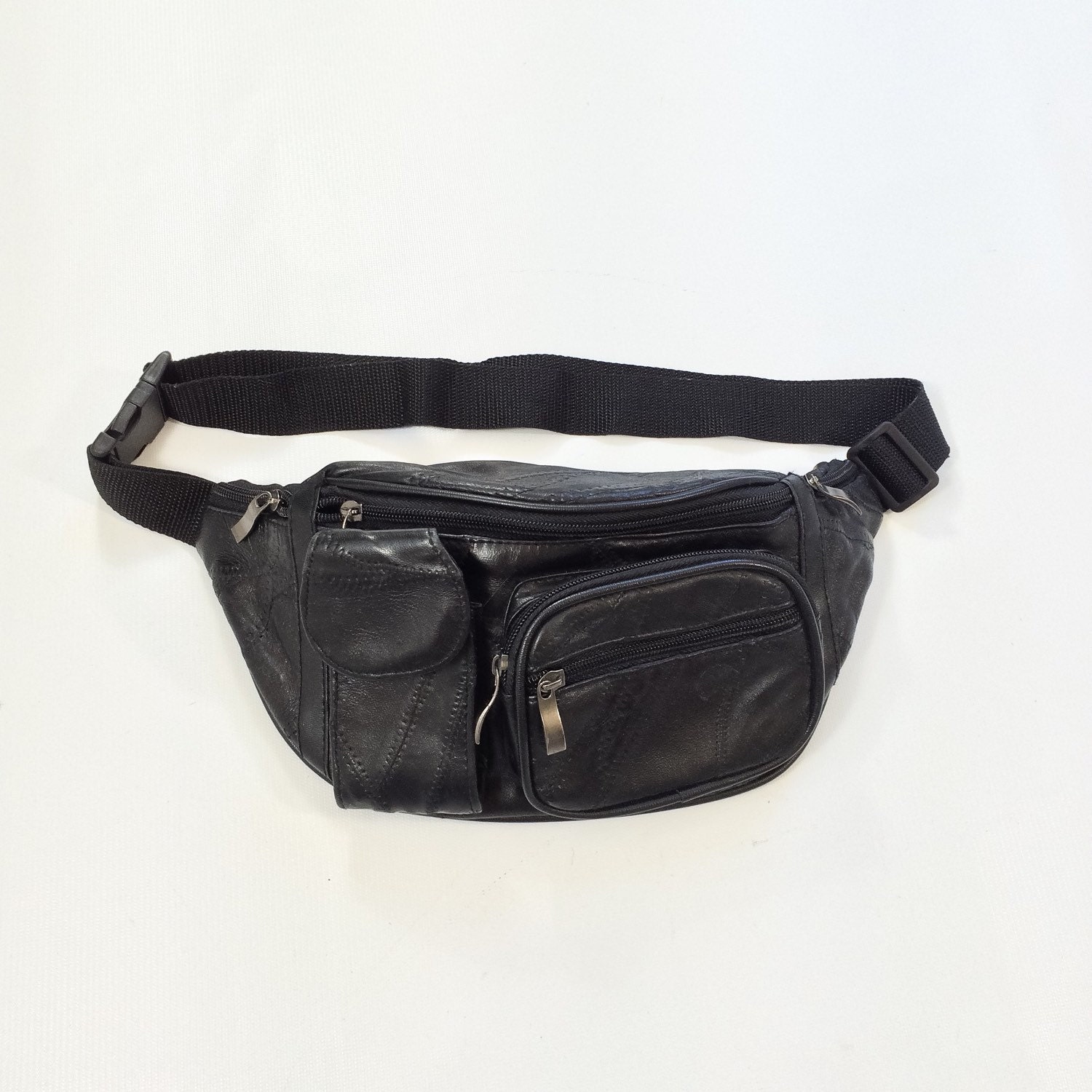 80s PATCHWORK Leather Fanny Pack Black Leather Hip Bag Black