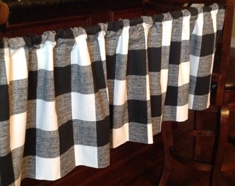 VALANCE - BLACK gray white buffalo plaid Decorative Designer Valance, size 54" X 15"