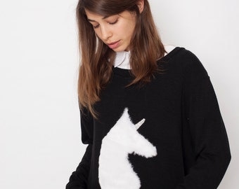 Hipster sweater, unicorn sweater, hand made unicorn, fluffy unicorn sweater, black sweater