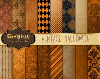 Vintage Halloween Digital Paper Textures - 16 Pack Premium Digital Paper Gothic, Grunge, Orange and Black Damask Pattern scrapbook paper