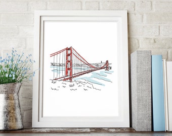 San Francisco Golden Gate Bridge Art Print, Sketch Art, Line Drawing, Printable Art, Instant Digital Download, Wall Decor, Minimalist Poster