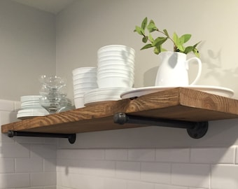 Set of 2 - 10" Industrial Floating Shelves - Rustic floating shelf with pipe supports and mounting hardware, Iron Pipe Shelving