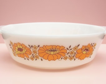Casserole Dish, Pyrex Dish, Ovenproof, Sunflower Pattern, Orange Flowers, Oven to Table Dish, Serving Dish, Vintage Kitchen, White - 1970s