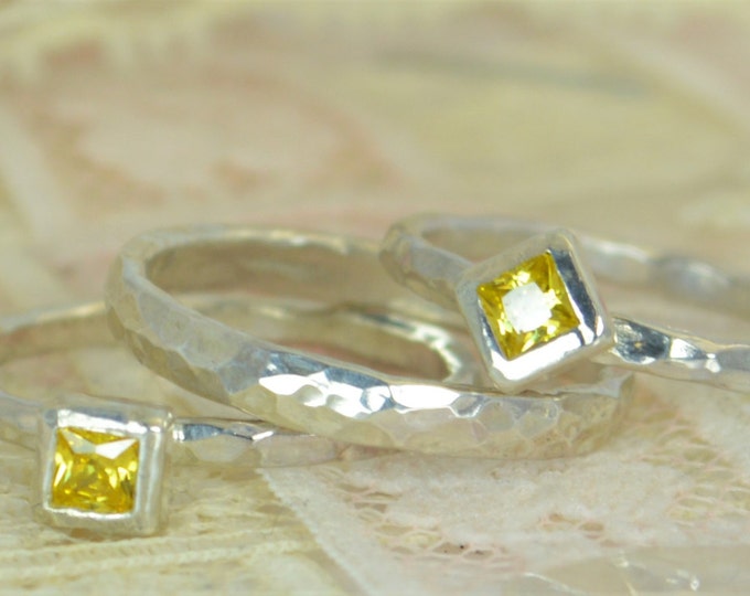 Square Topaz Engagement Ring, 14k White Gold, Topaz Wedding Ring Set, Rustic Wedding Ring Set, November Birthstone, Solid Gold, Topaz Ring