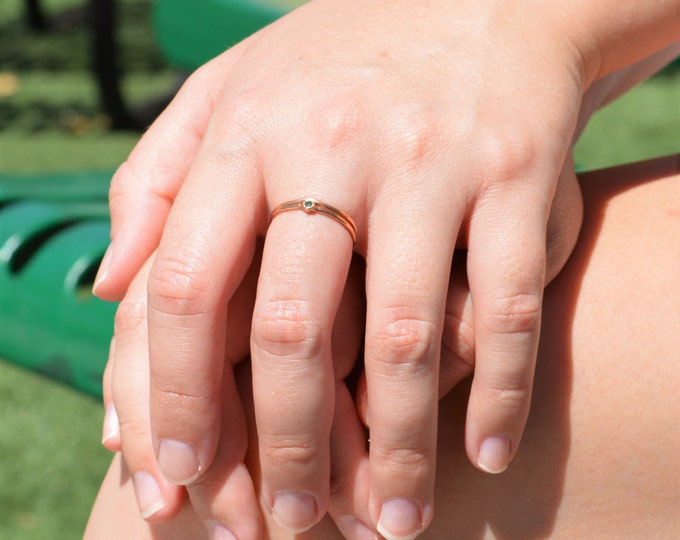 Tiny CZ Emerald Ring, Soild 14k Rose Gold Emerald Stacking Ring, Green Emerald Ring, Emerald Mothers Ring, May Birthstone, Emerald Ring