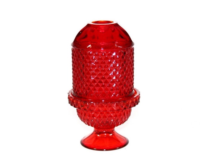 Storewide 25% Off SALE Vintage Viking Diamond Point Pedestal Art Glass Votive Fairy Lamp Featuring Elegant Fire Engine Deep Red Finish